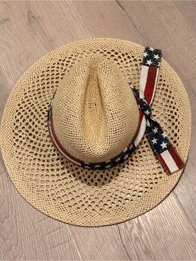 Straw Sun Hat with American Flag Bow - Natural